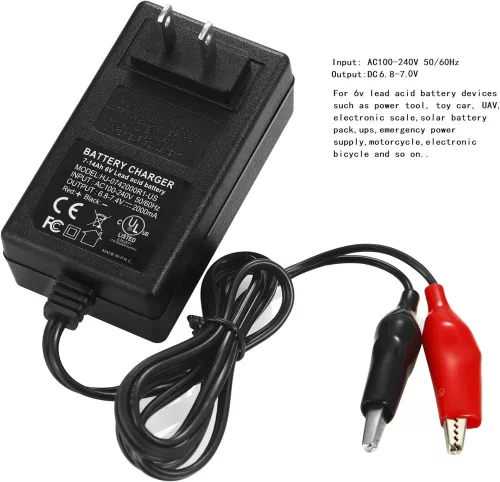 Ólomsavas Akkumulátor Töltő, 7.4V 2A Töltő Csipeszel 6V-os Akkumulátorhoz EU dugaljjal, Fekete