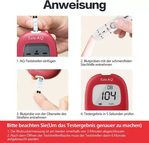 Sinocare Safe AQ Smart Vércukormérő Készlet 100 Tesztcsíkkal, 100 Lancettel, Pontos Eredmények, mg/dL