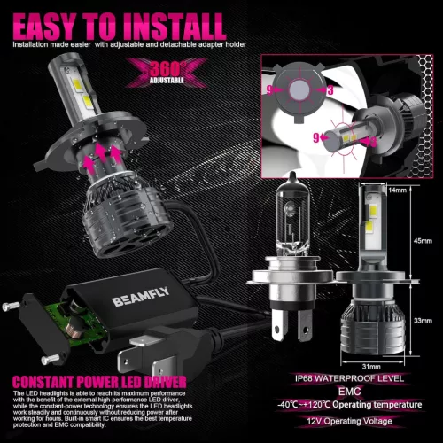 Beamfly H4 LED Fényszóró Izzók 16000LM, 100W Teljesítmény, 6000K Fehér, 2 Darabos Csomag