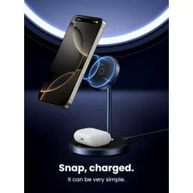   UGREEN MagFlow 2-In-1 Mágneses Wireless Charging Stand, iPhone 17 16 15 14 13 12, AirPods, 7,5W, 5W, Qi, USB-C, Állítható Dőlésszög, Fekete