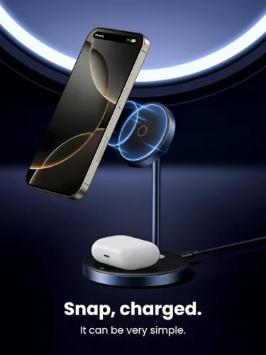 UGREEN MagFlow 2-In-1 Mágneses Wireless Charging Stand, iPhone 17 16 15 14 13 12, AirPods, 7,5W, 5W, Qi, USB-C, Állítható Dőlésszög, Fekete
