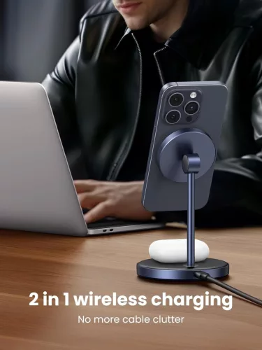 UGREEN MagFlow 2-In-1 Mágneses Wireless Charging Stand, iPhone 17 16 15 14 13 12, AirPods, 7,5W, 5W, Qi, USB-C, Állítható Dőlésszög, Fekete
