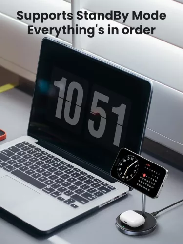 UGREEN MagFlow 2-In-1 Mágneses Wireless Charging Stand, iPhone 17 16 15 14 13 12, AirPods, 7,5W, 5W, Qi, USB-C, Állítható Dőlésszög, Fekete