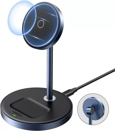 UGREEN MagFlow 2-In-1 Mágneses Wireless Charging Stand, iPhone 17 16 15 14 13 12, AirPods, 7,5W, 5W, Qi, USB-C, Állítható Dőlésszög, Fekete