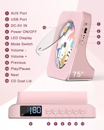 Greadio KC-806 Pink Bluetooth 5.0 Asztali CD Lejátszó