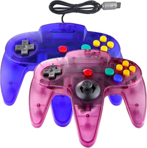 Hovlian 2 Pack Klasszikus Vezetékes 64-Bit Játékvezérlő N64 Konzolhoz (Áttetsző Kék és Lila)