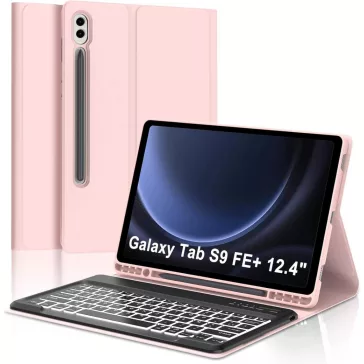   JADEMALL Billentyűzet Tok Samsung Galaxy Tab S9 FE+ 31cm 2023, Bluetooth, AZERTY, Háttérvilágítás 7 Szín, Mágneses Levehető, Rózsaszín, TPU, PU