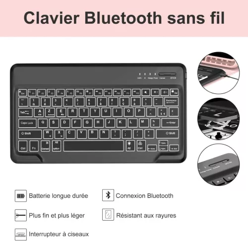 JADEMALL Billentyűzet Tok Samsung Galaxy Tab S9 FE+ 31cm 2023, Bluetooth, AZERTY, Háttérvilágítás 7 Szín, Mágneses Levehető, Rózsaszín, TPU, PU