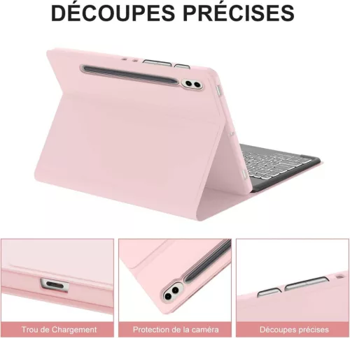 JADEMALL Billentyűzet Tok Samsung Galaxy Tab S9 FE+ 31cm 2023, Bluetooth, AZERTY, Háttérvilágítás 7 Szín, Mágneses Levehető, Rózsaszín, TPU, PU