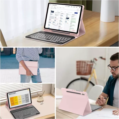 JADEMALL Billentyűzet Tok Samsung Galaxy Tab S9 FE+ 31cm 2023, Bluetooth, AZERTY, Háttérvilágítás 7 Szín, Mágneses Levehető, Rózsaszín, TPU, PU