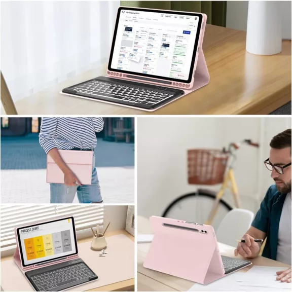 JADEMALL Billentyűzet Tok Samsung Galaxy Tab S9 FE+ 31cm 2023, Bluetooth, AZERTY, Háttérvilágítás 7 Szín, Mágneses Levehető, Rózsaszín, TPU, PU JADEMALL Billentyűzet Tok Samsung Galaxy Tab S9 FE+ 31cm 2023, Bluetooth, AZERTY, Háttérvilágítás 7 Szín, Mágneses Levehető, Rózsaszín, TPU, PU