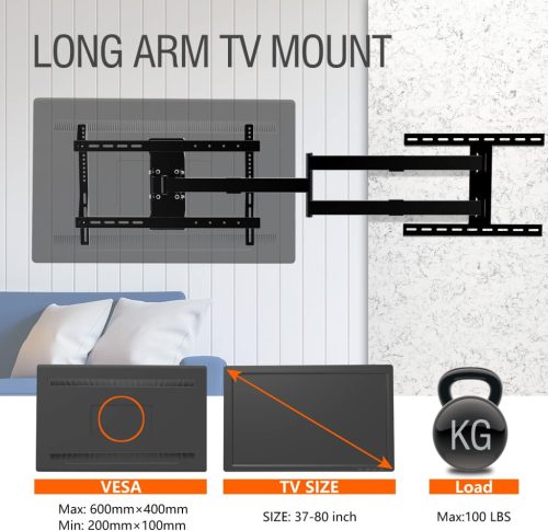 GINKGO Fali TV Konzol, Extra Hosszú 120 cm Kar, 37-80" (94–203 cm) LCD LED OLED TV, Dönthető, Forgatható, Max 45 kg, VESA 600 × 400, Fekete