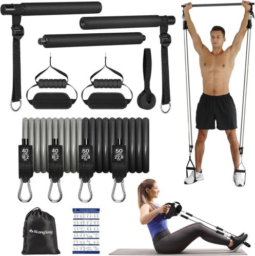 ALongSong Pilates Bot Készlet - 4 Ellenállási Szalaggal, 1.7 kg, Fekete, Teljes Test Edzésre