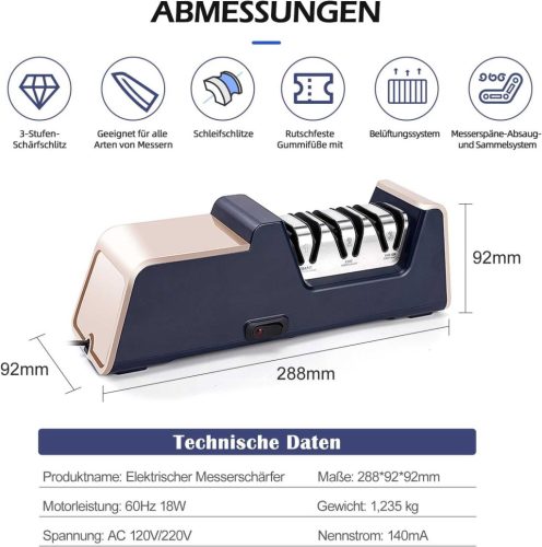 Winwj Elektromos Késélező, 3 Fokozat, 100% Gyémánt Csiszolás, 15° Él, Rugalmas Vezetősín, Mágneses Forgácsgyűjtő, Fém És Kerámia Késhez, 60–80 dB, Kék