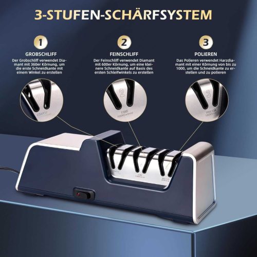 Winwj Elektromos Késélező, 3 Fokozat, 100% Gyémánt Csiszolás, 15° Él, Rugalmas Vezetősín, Mágneses Forgácsgyűjtő, Fém És Kerámia Késhez, 60–80 dB, Kék