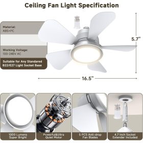   HZSANUE LED Mennyezeti Ventilátor Lámpa Távirányítóval, E27 B22d Foglalat, 5 Fokozatú Dimmelés, 3 Sebesség, 3 Szín Hőmérséklet, 1500 Lm, 15W