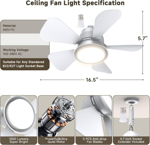 HZSANUE LED Mennyezeti Ventilátor Lámpa Távirányítóval, E27 B22d Foglalat, 5 Fokozatú Dimmelés, 3 Sebesség, 3 Szín Hőmérséklet, 1500 Lm, 15W