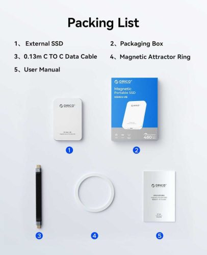 ORICO K5Mini-VB-512GB-SV Külső SSD, 512 GB, USB, Solid State Drive, 460 MB/s Olvasási Sebesség, 460 Mbit/s Adatátvitel, Hordozható, 117 g, Ezüst