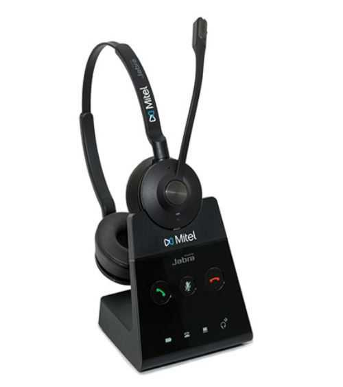 Mitel H40 DECT Vezeték Nélküli Sztereó Fejhallgató, 150 m Hatótáv, Zajszűrő Mikrofon, USB-A, RJ9, PC És IP Telefon, 13 Óra Beszélgetési Idő, Fekete